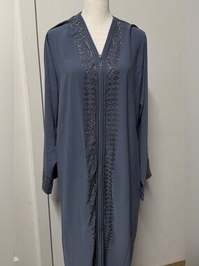 New Saudi Arabian Dusty Blue Abaya with Matching Hijab Crystal Embellishments